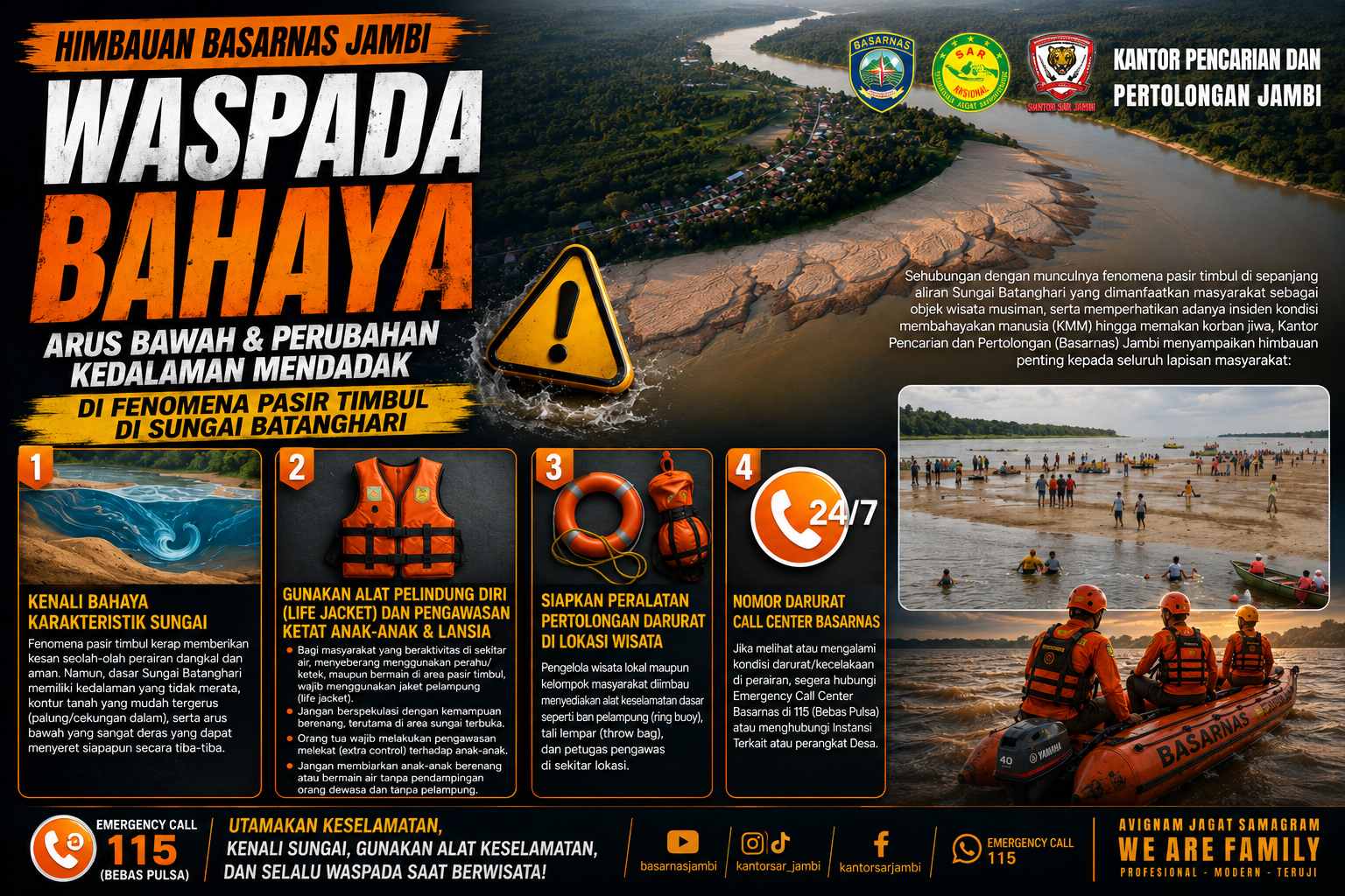 Basarnas Jambi Ingatkan Bahaya Arus Bawah dan Perubahan Kedalaman di Pasir Timbul Sungai Batanghari