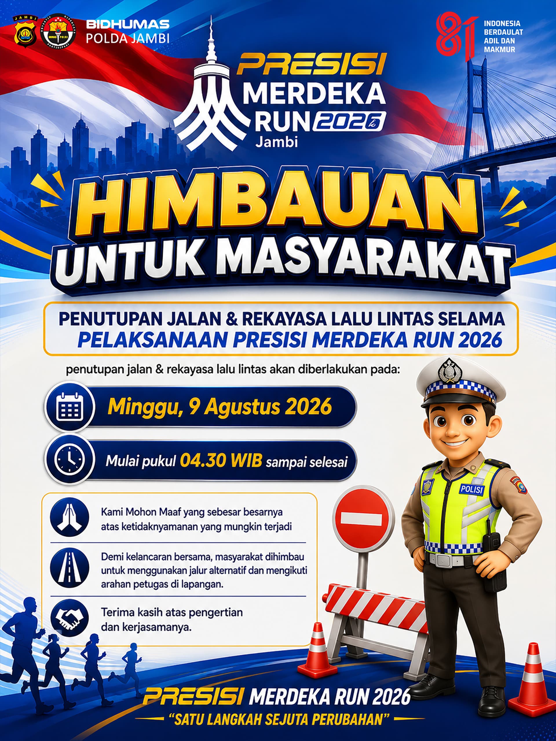 Polda Jambi Imbau Masyarakat Gunakan Jalur Alternatif Selama Pelaksanaan Presisi Merdeka Run 2026