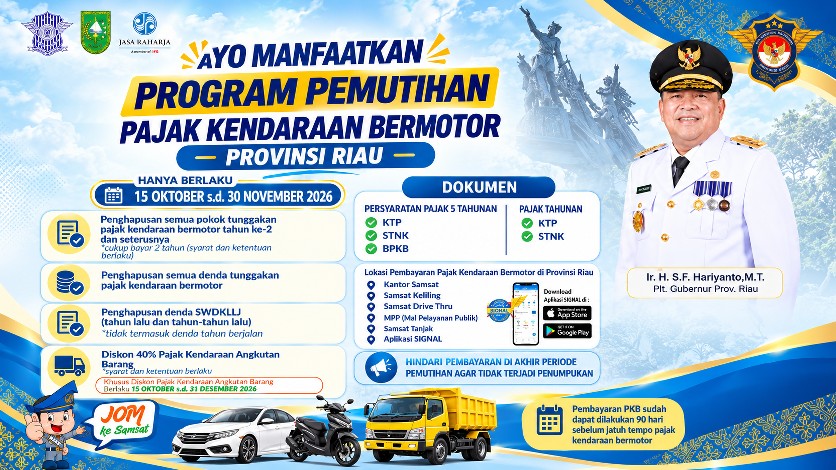 Bulletin Info ; Riau Berlakukan Pemutihan Pajak Kendaraan Mulai 15 Oktober 2026, Tunggakan dan Denda Dihapus